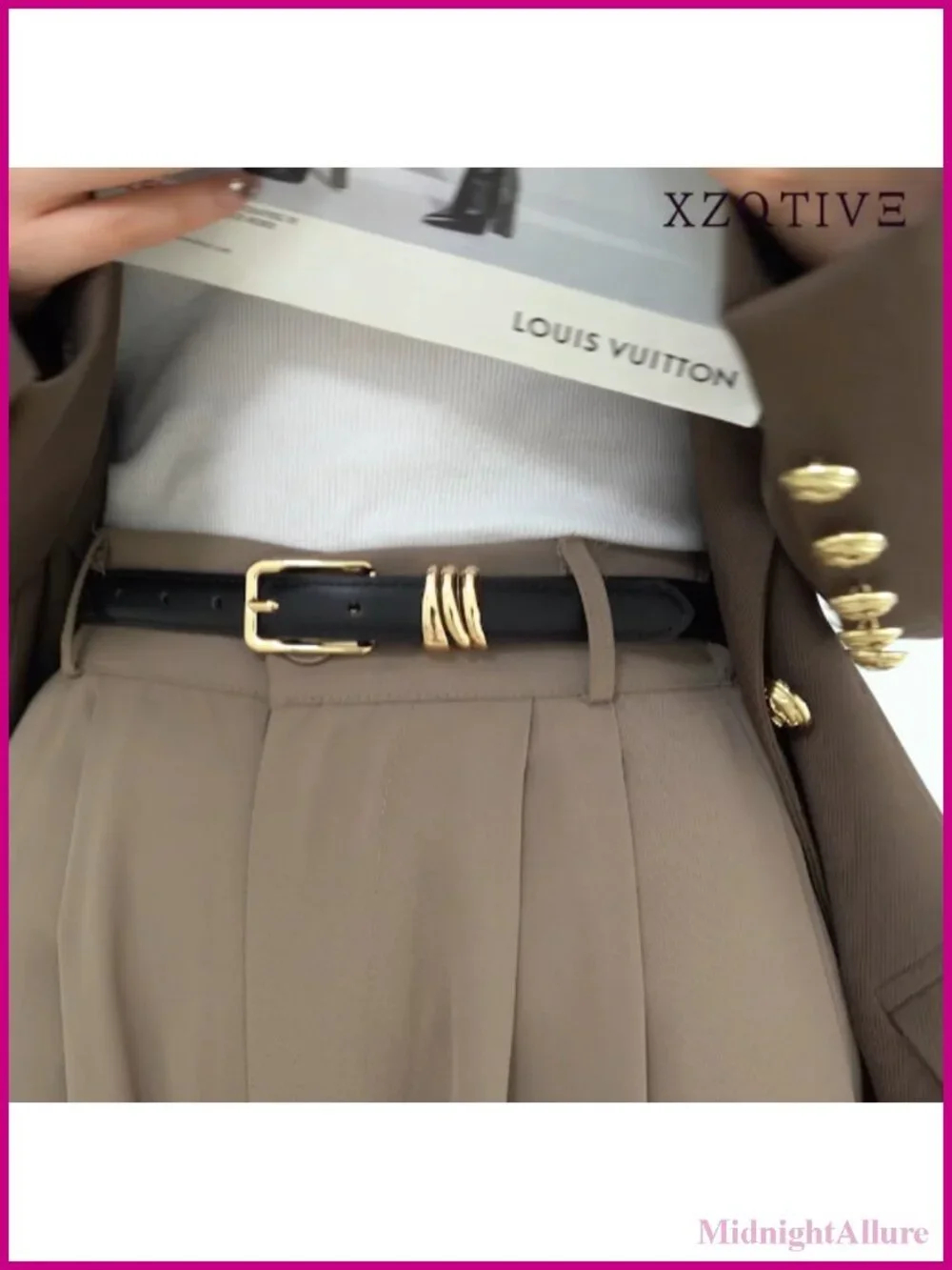 Women's Skinny PU Leather Belt Thin Waist Gold Buckle Metal Loops